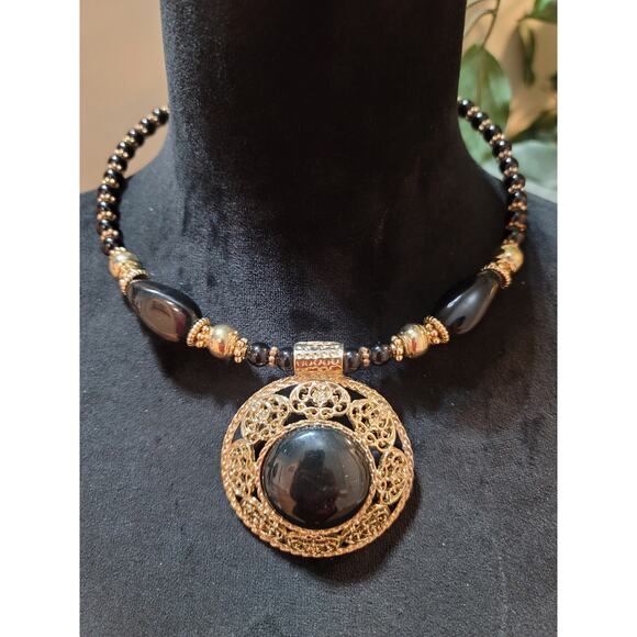 Womens Black Beaded Necklace With Large Gold Filigree Pendant By Sophia And Kate - Picture 2 of 8